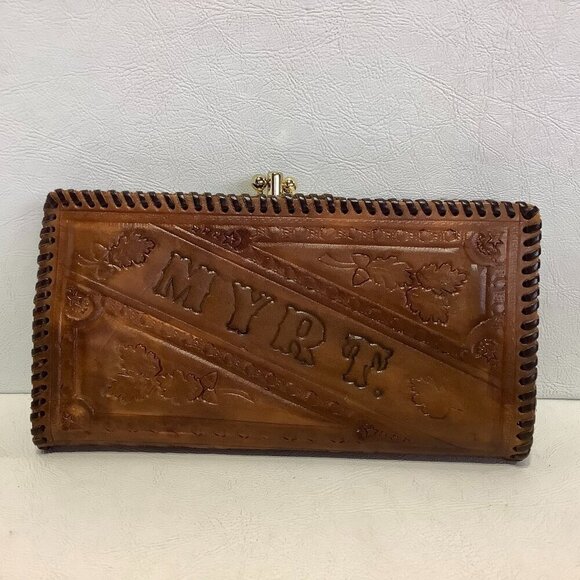 Vintage Handmade Hand Tooled Brown Leather Wallet 7 1/2" x 3 1/2" - Picture 1 of 10